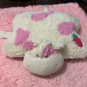 Cream and Pink Cow Plush Pillow with Strawberry Accent and Scented